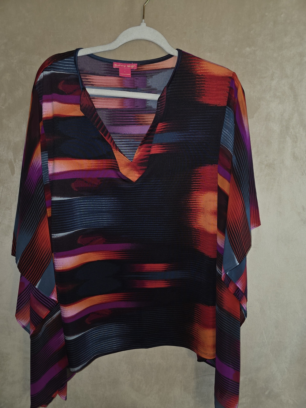 Sunny Leigh Women's Multicolor V-Neck Flowing Tunic in Orange, Purple & Blue